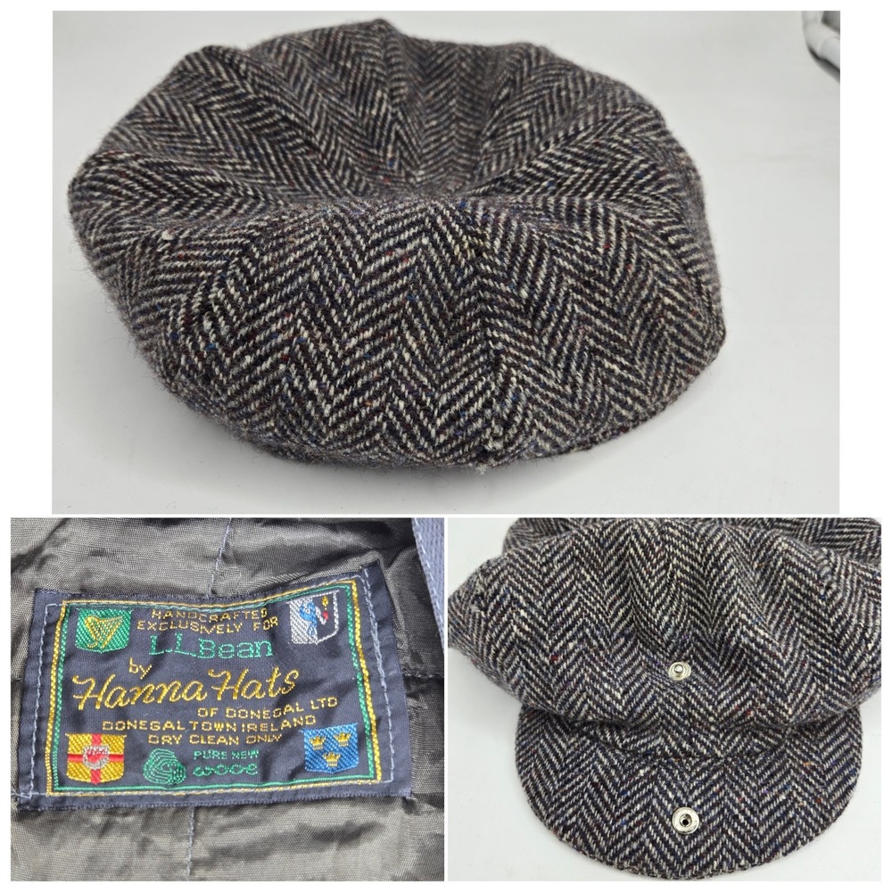 VTG L.L. Bean Hanna Hats Donegal Tweed Wool Newsboy Cap M Ireland Herringbone